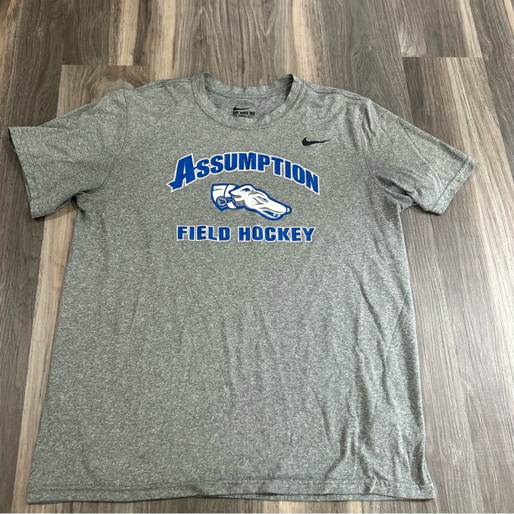 Grey nike short sleeve assumption field hockey tee shirt